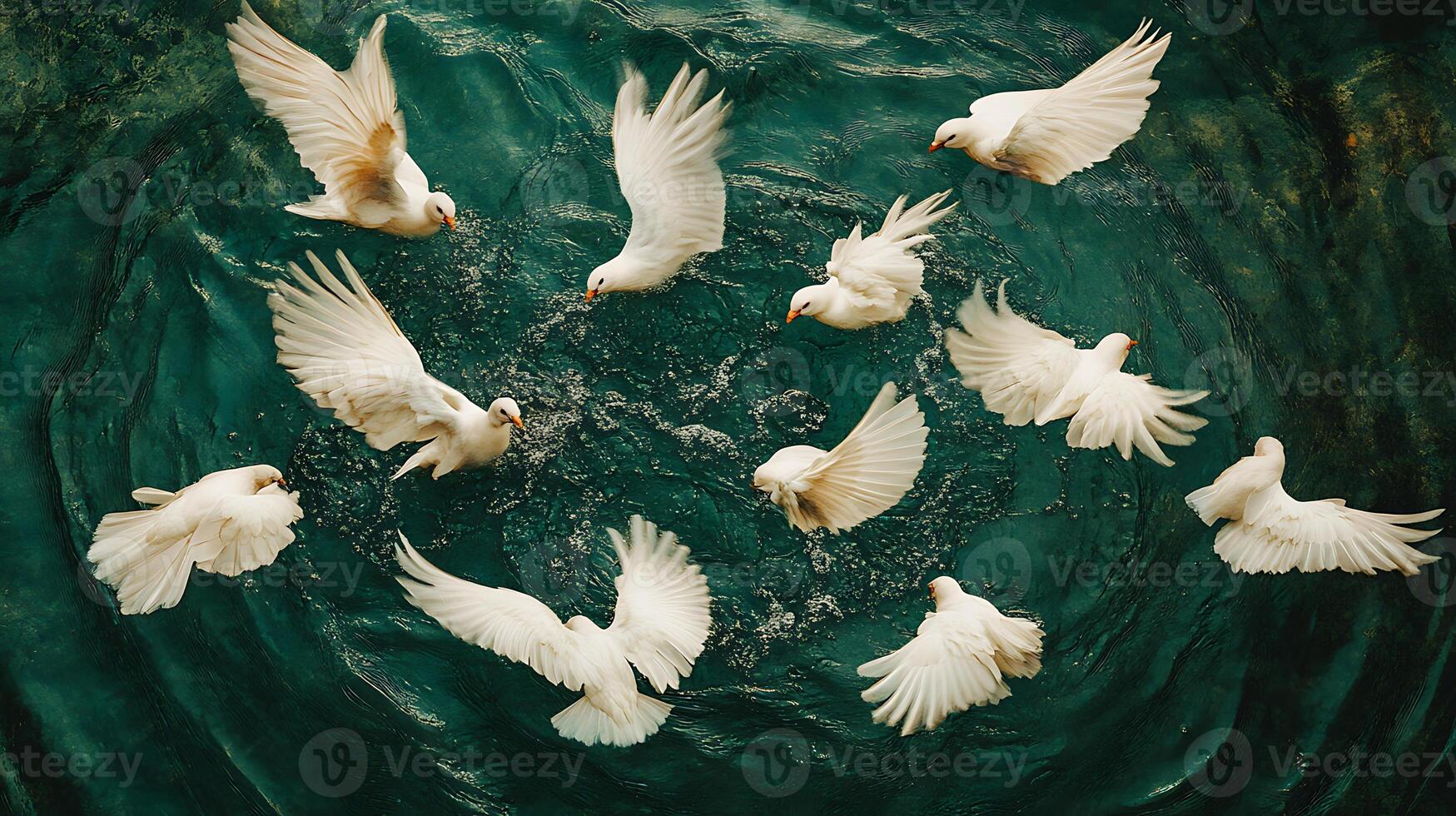 Graceful Doves Circling Over Turquoise Water Showing Harmony and Elegance photo