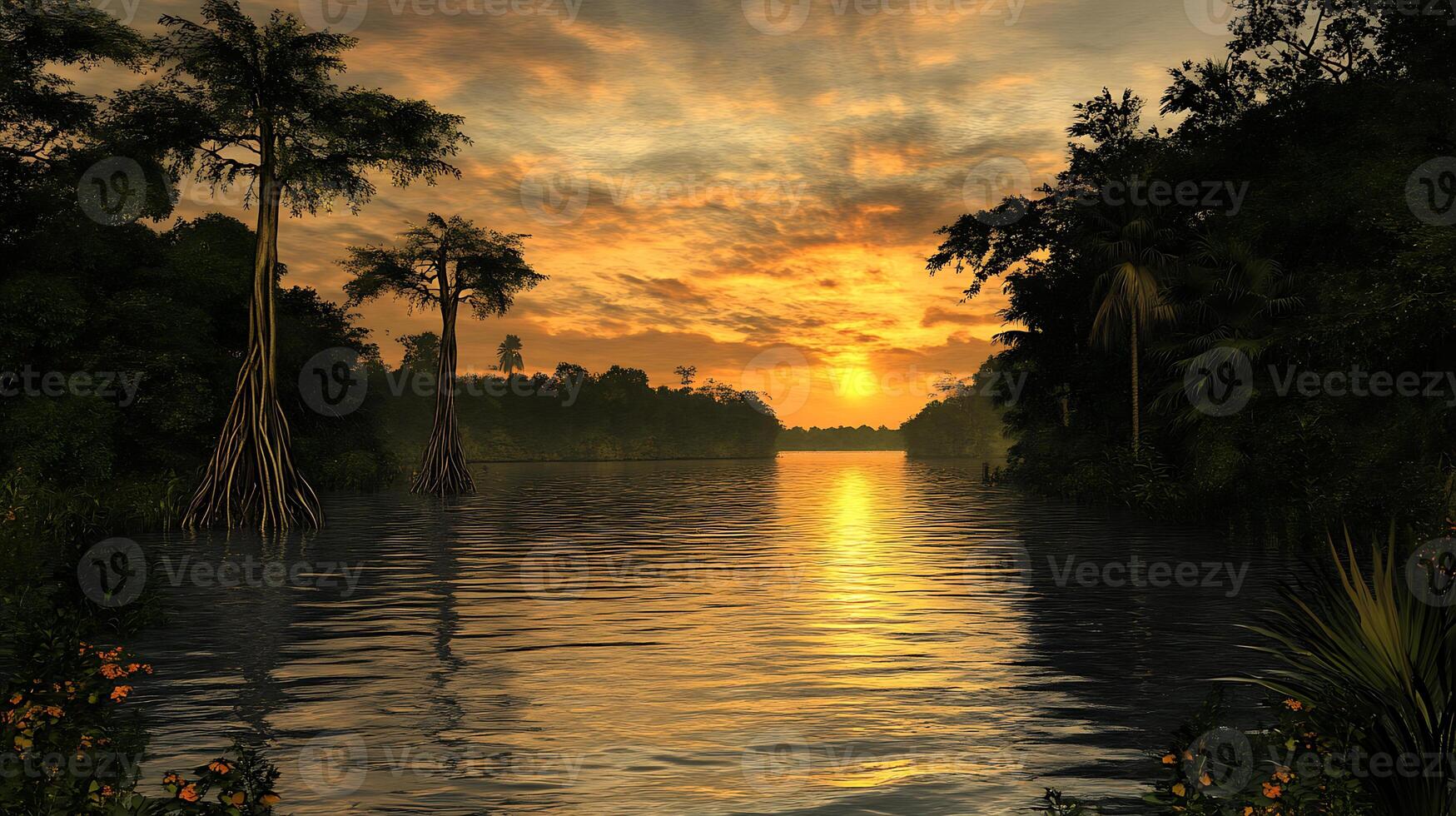 Serene Sunset Over Tropical River Surrounded by Mangroves and Lush Forest photo