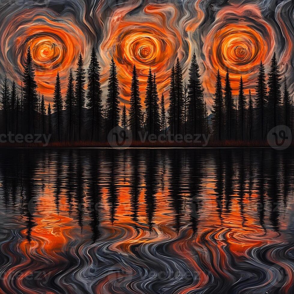 Abstract Swirling Sunset Reflecting Over A Serene Forest Lake photo