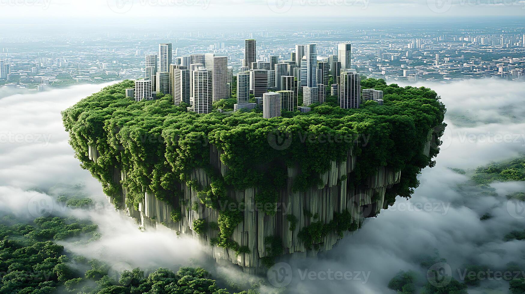 Aerial View of Futuristic Floating City Enveloped by Dense Greenery and Clouds photo