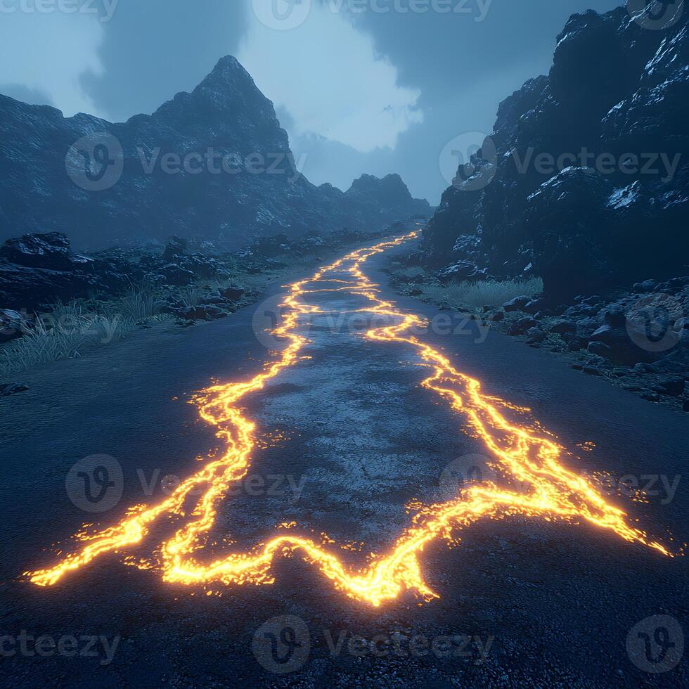 Lava Flow Illuminates Dark Mountain Path During Stormy Sky photo