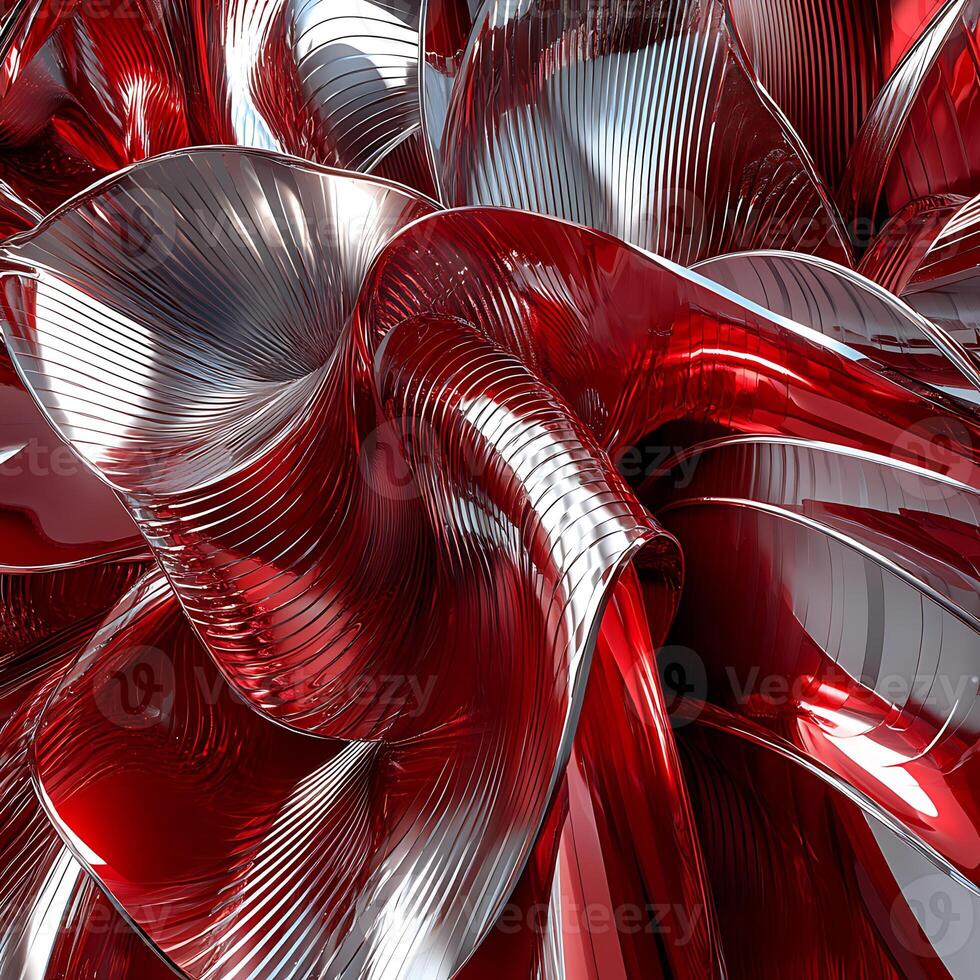 Abstract Shiny Red and Silver Metallic Fluid Surface Design photo