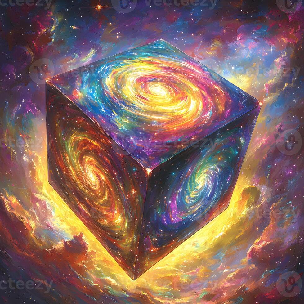 Vibrant Cosmic Cube With Colorful Swirling Galaxy Patterns in Space photo