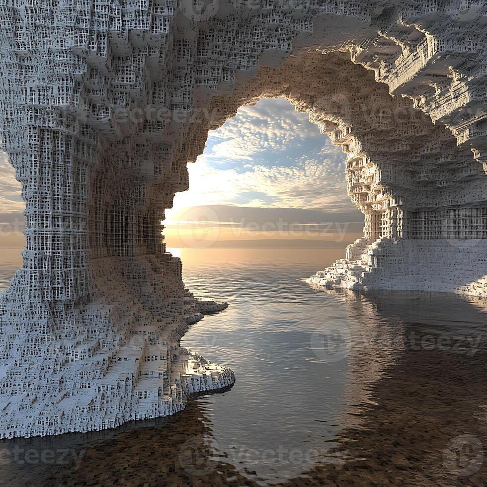 Abstract Fractal Structure with Ocean and Sunset Scene photo