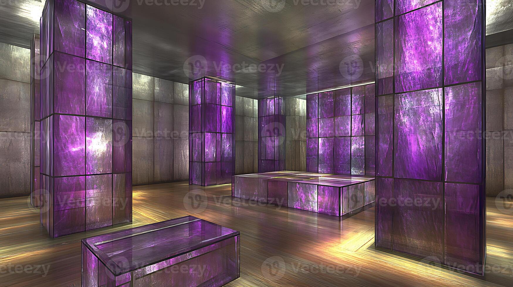Futuristic Room with Illuminated Purple Crystal Glass Structures and Soft Lighting photo