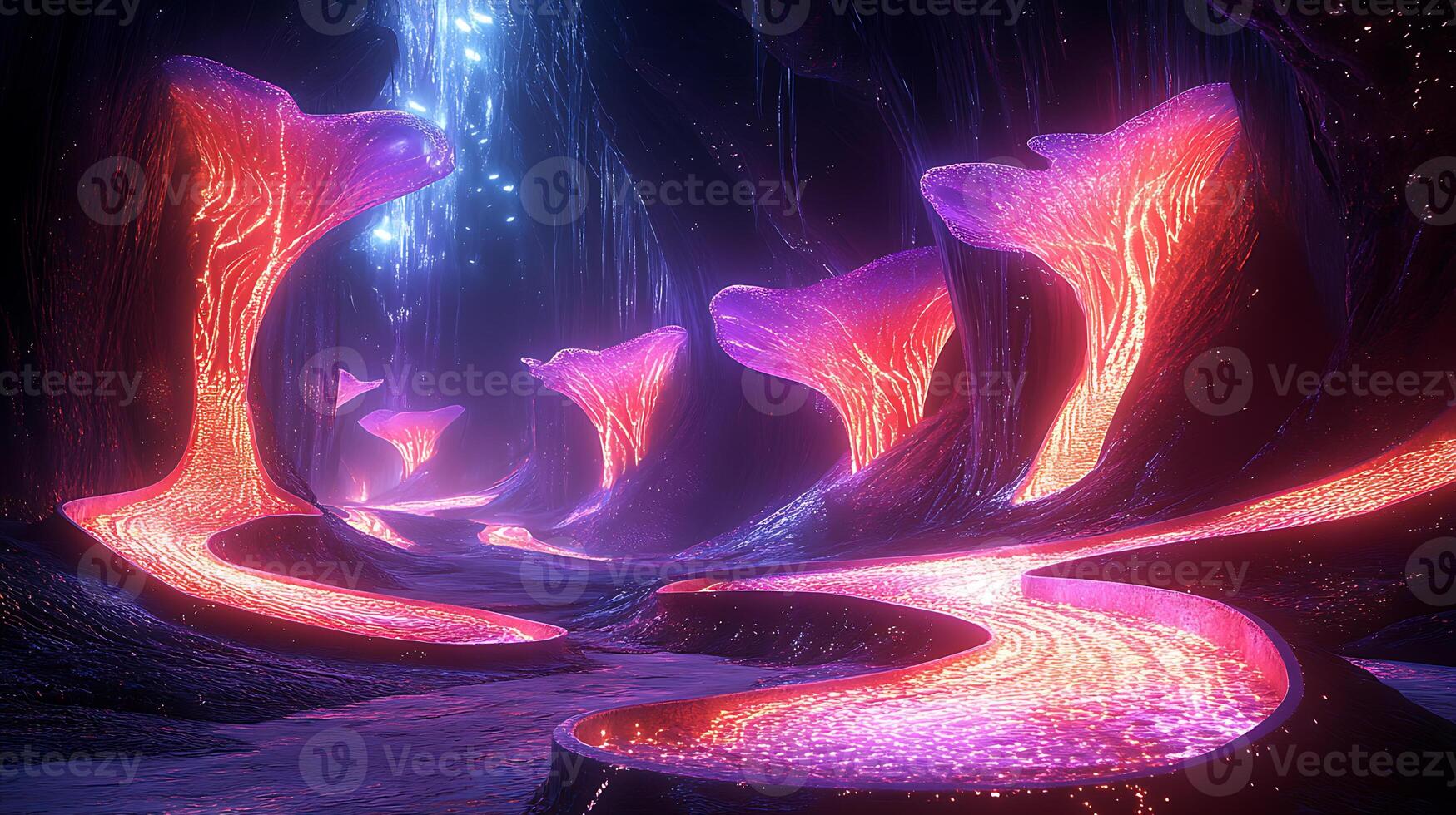 Ethereal Bioluminescent Cave With Glowing Fungi and Flowing Luminous Streams photo