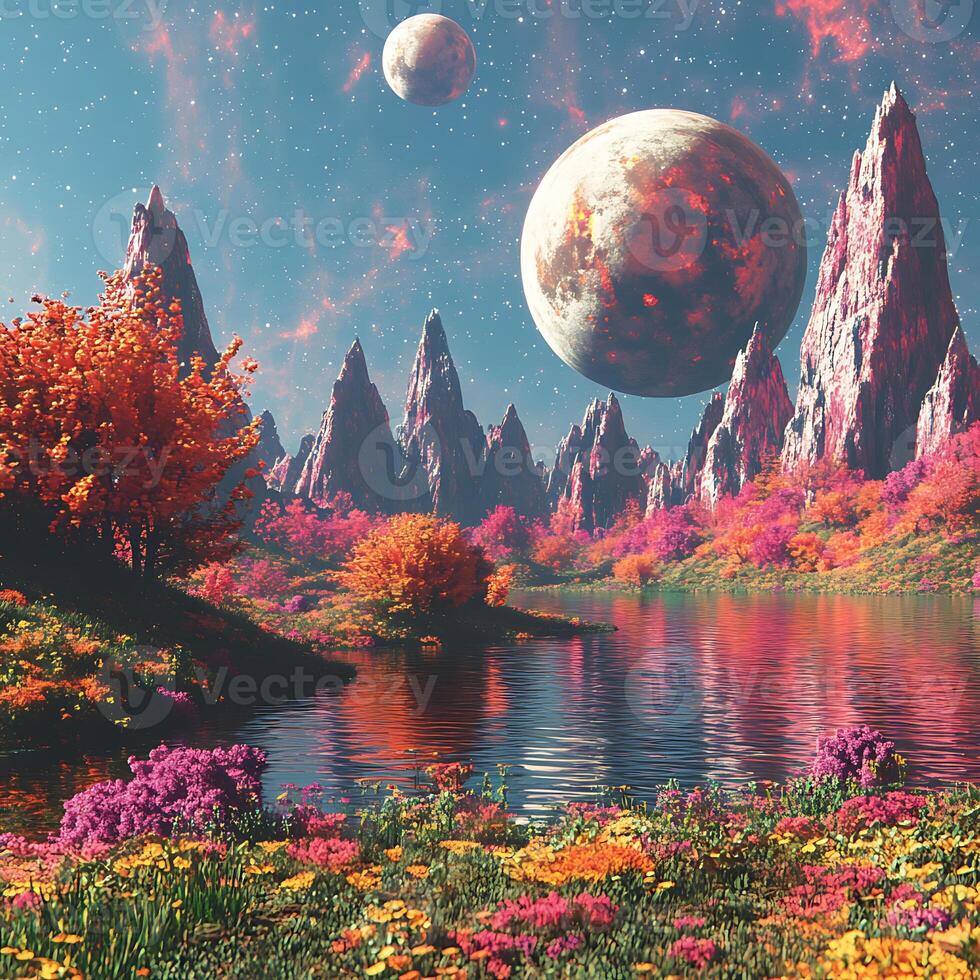 Colorful Alien Landscape with Twin Moons and Vibrant Plants photo