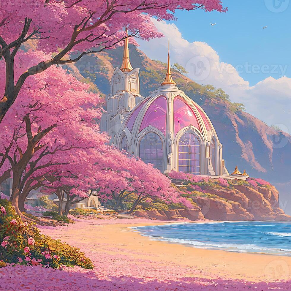 Elegant Pink Domed Building Surrounded by Blossom Trees by the Coast photo