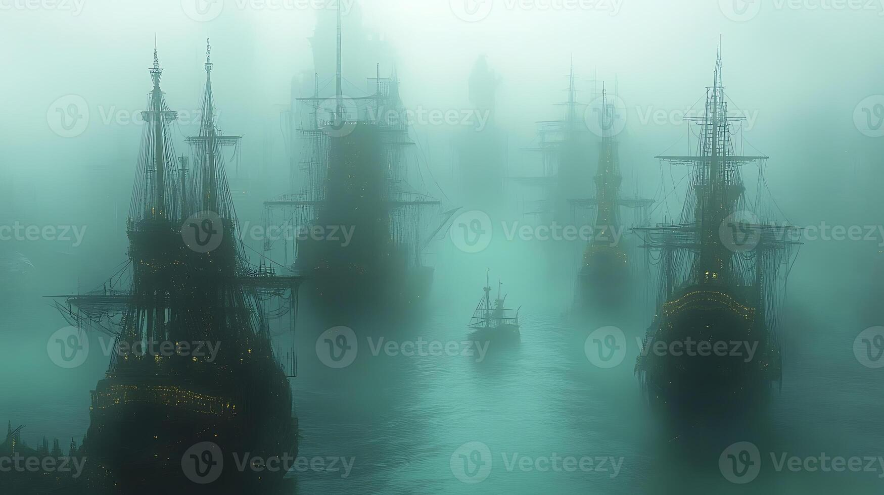 Mysterious Fleet of Ghostly Ships Sailing Through Enveloping Mist and Fog photo