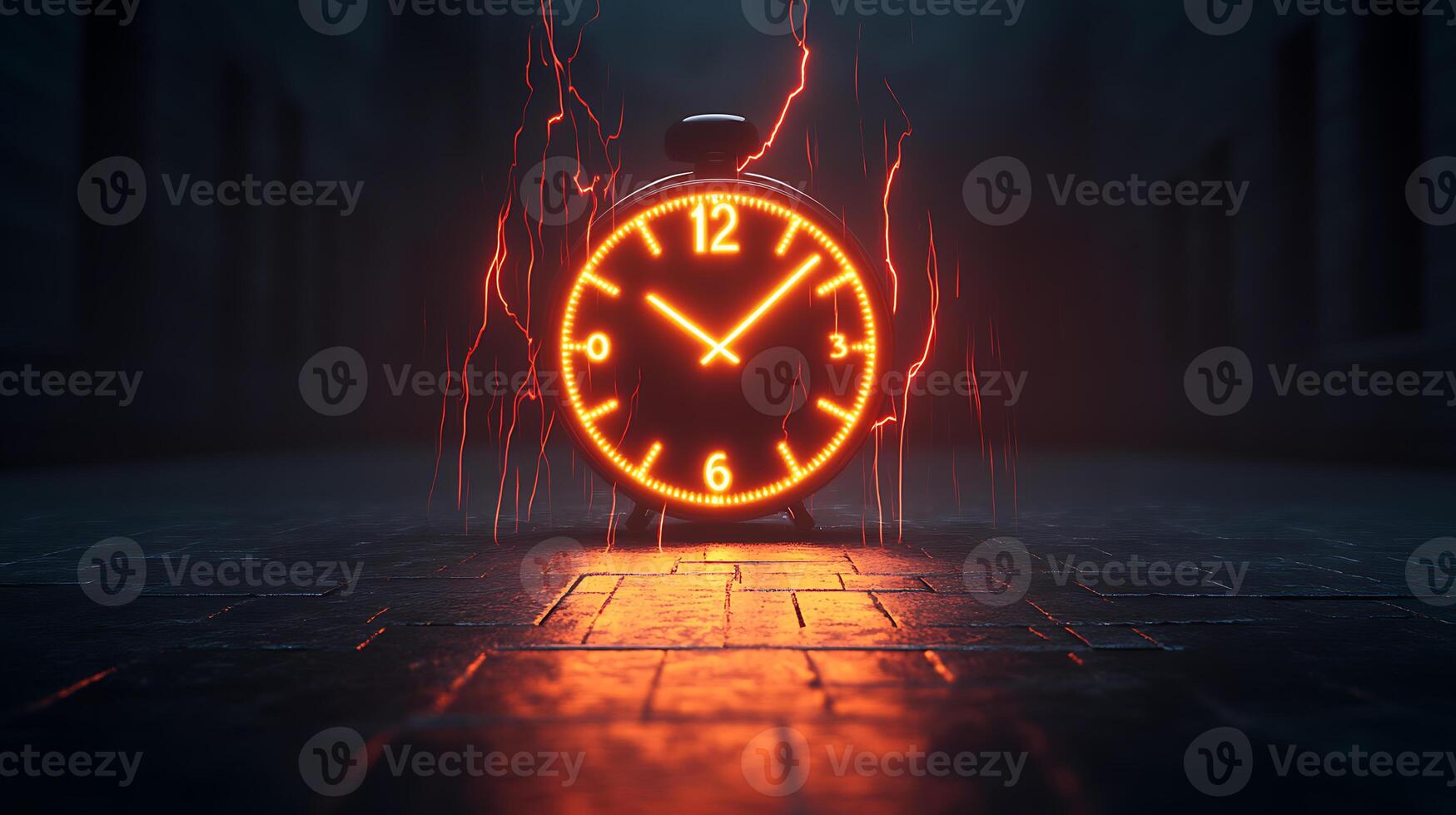 Glowing Neon Clock Amid Electric Sparks in Dark Mysterious Setting photo