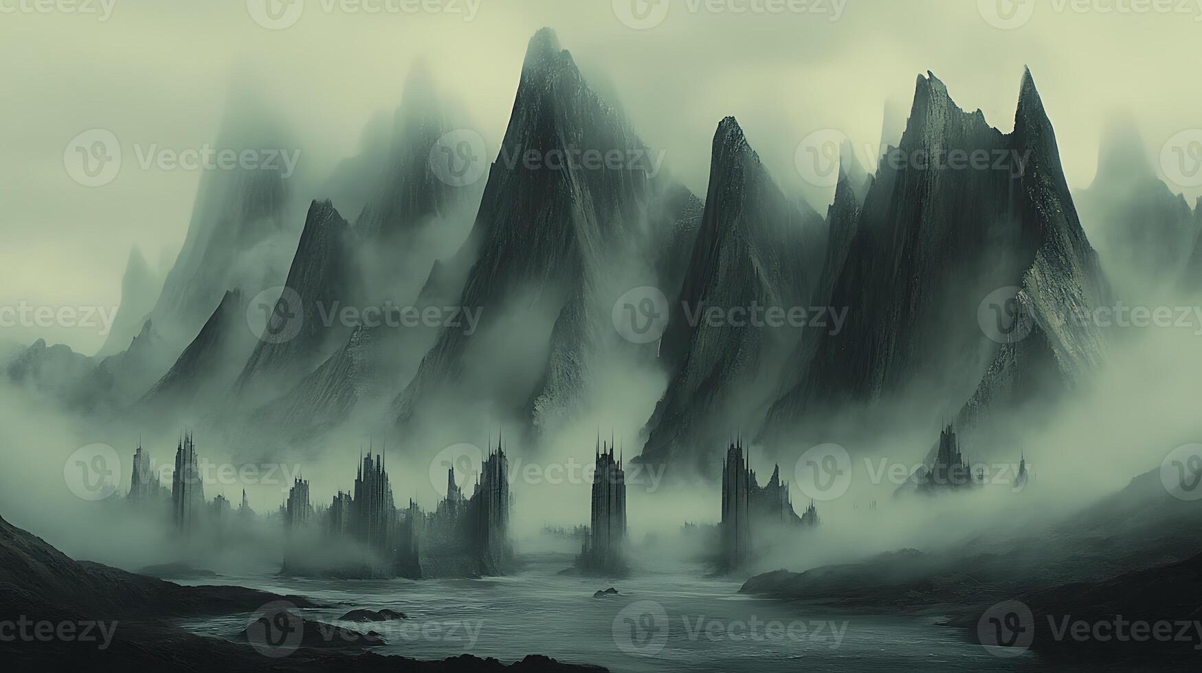 Mysterious Misty Mountains Surrounding Ancient Gothic Ruins by a Darkened Sea photo