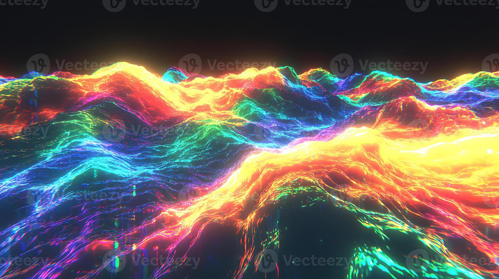 Abstract Digital Landscape With Vibrant Neon Waves and Colors photo