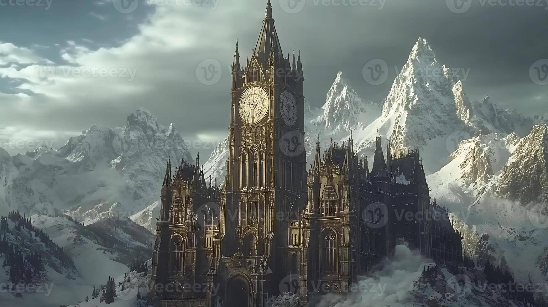 Gothic Clock Tower Surrounded by Snowy Peaks Under Dramatic Skies photo