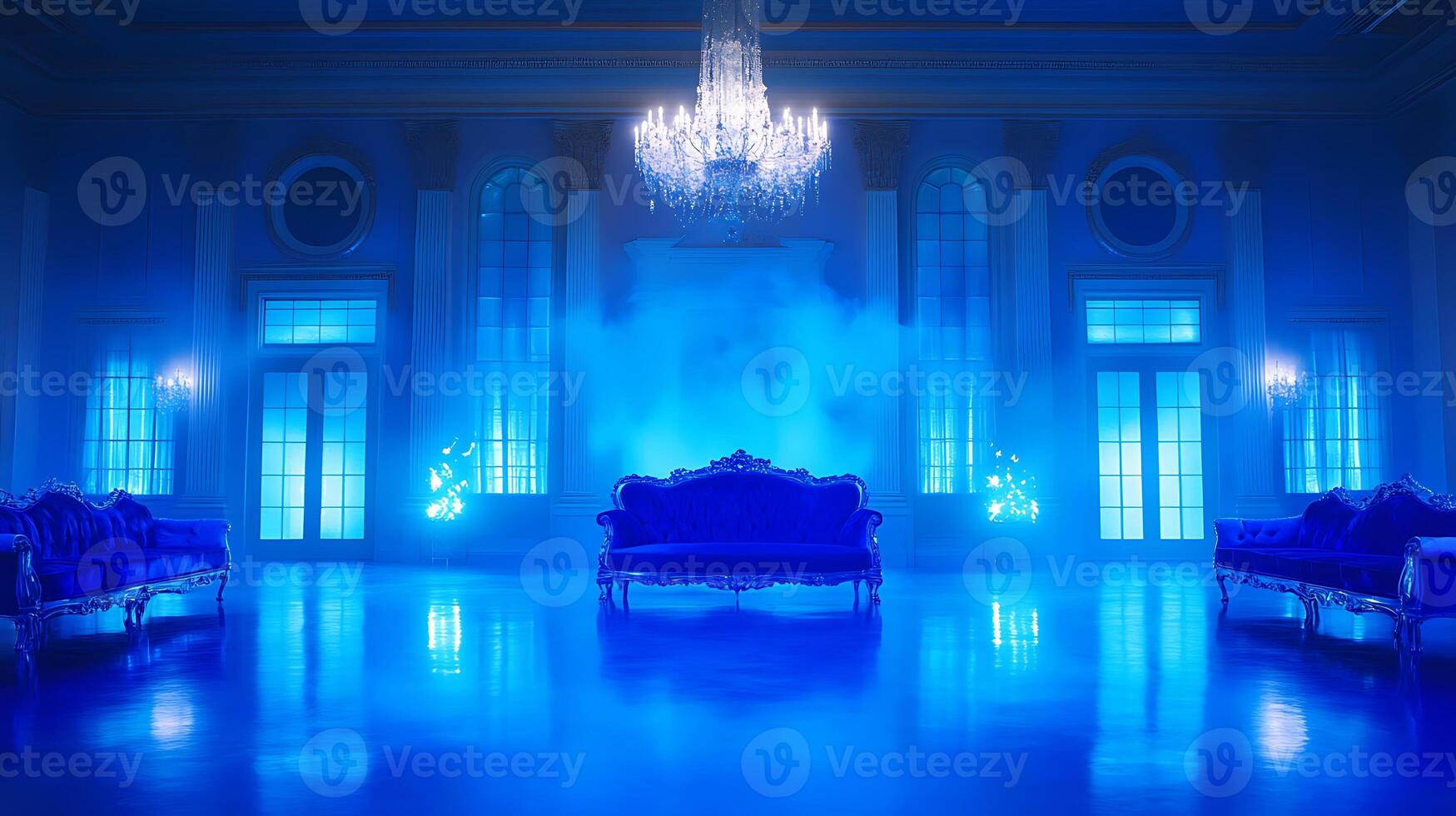 Elegant Blue Grand Salon With Luxurious Decor and Illumination photo