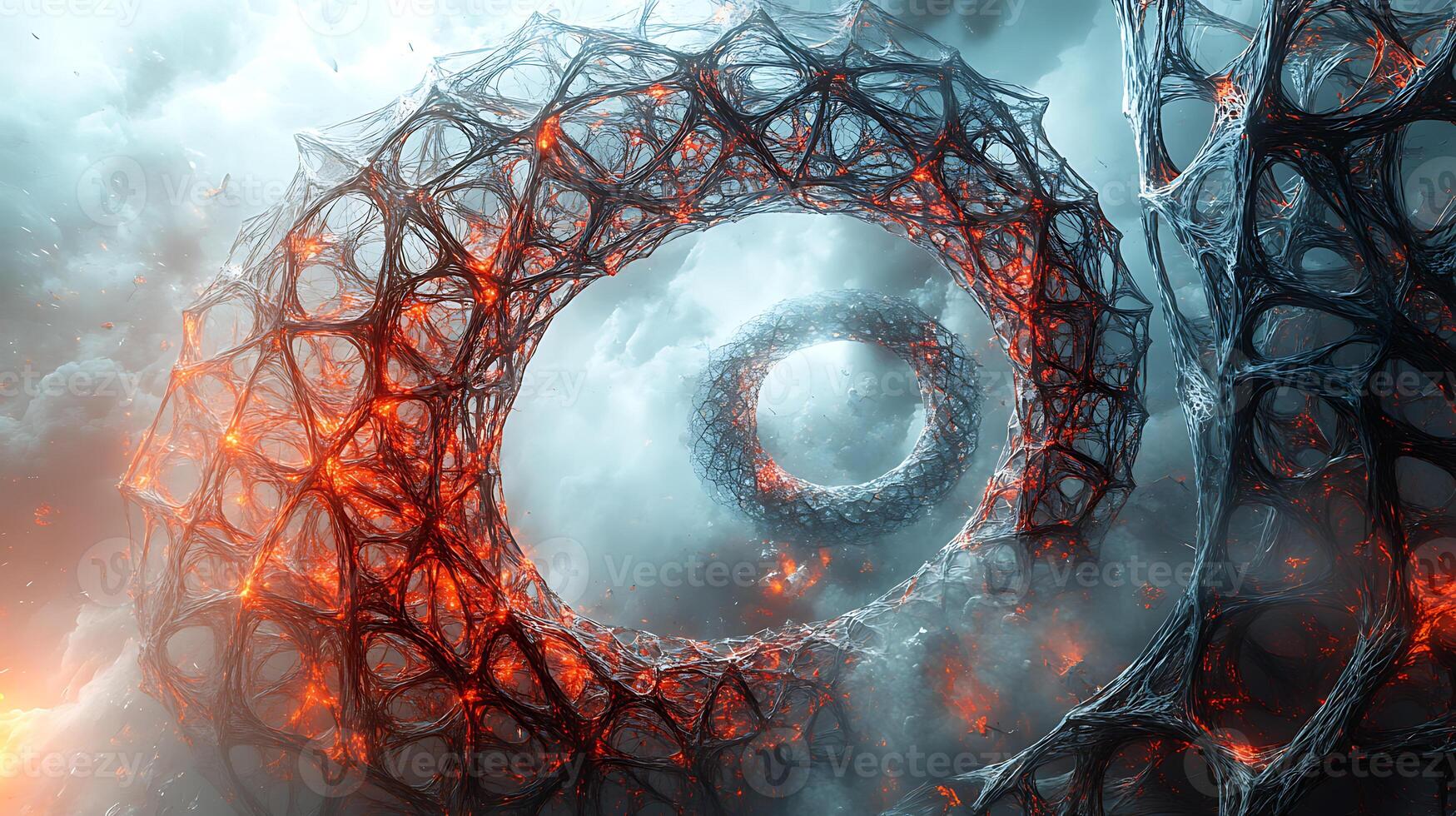 Abstract Fiery Circular Geometric Structures in Surreal Atmosphere photo