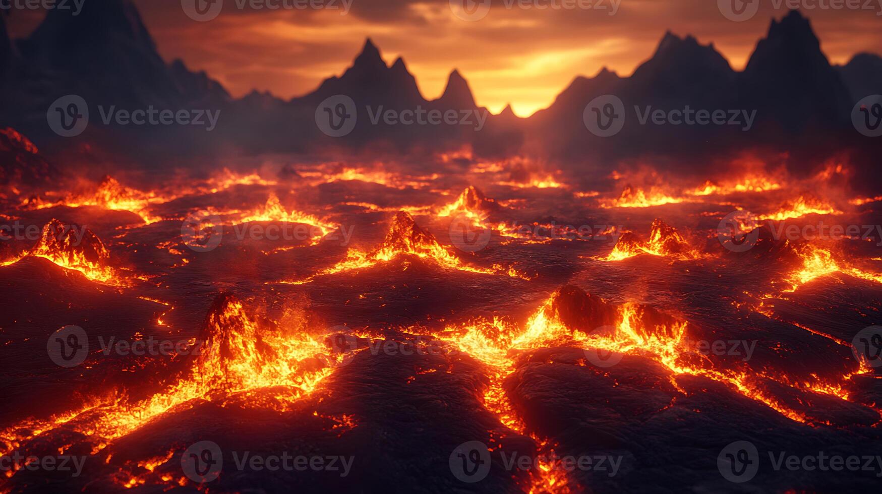 A Fiery Lava Landscape at Dawn with Rugged Peaks in the Distance photo