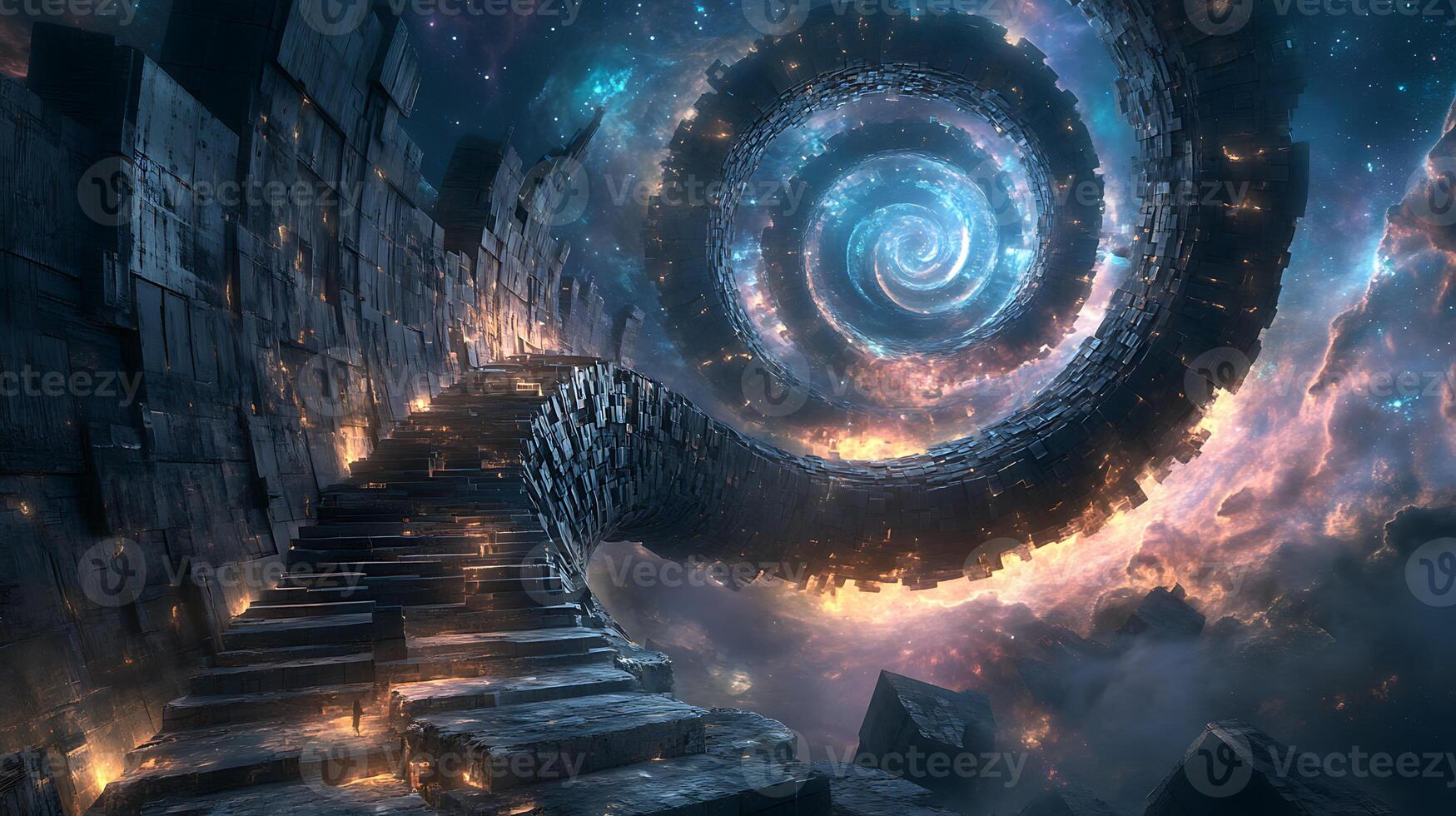 Spiral Staircase in Futuristic Landscape Leading Toward Glowing Vortex in the Sky photo