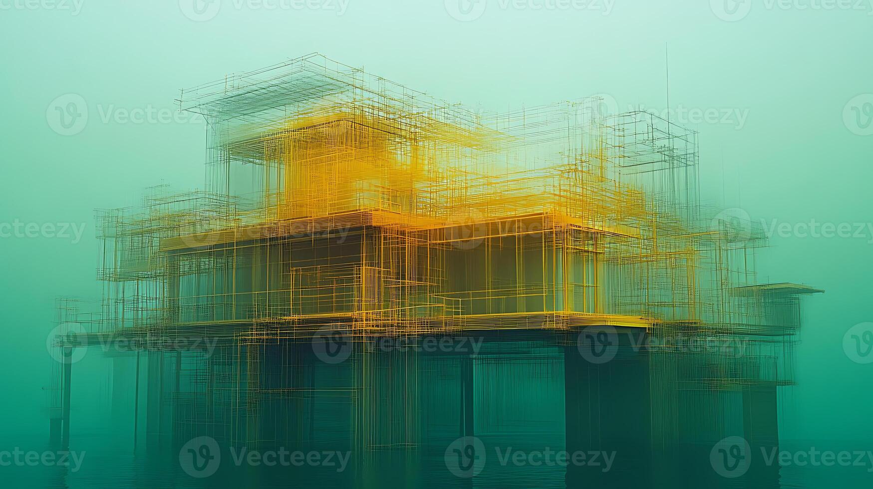 Futuristic Abstract Urban Structure Rendered in Vibrant Yellow Wires photo