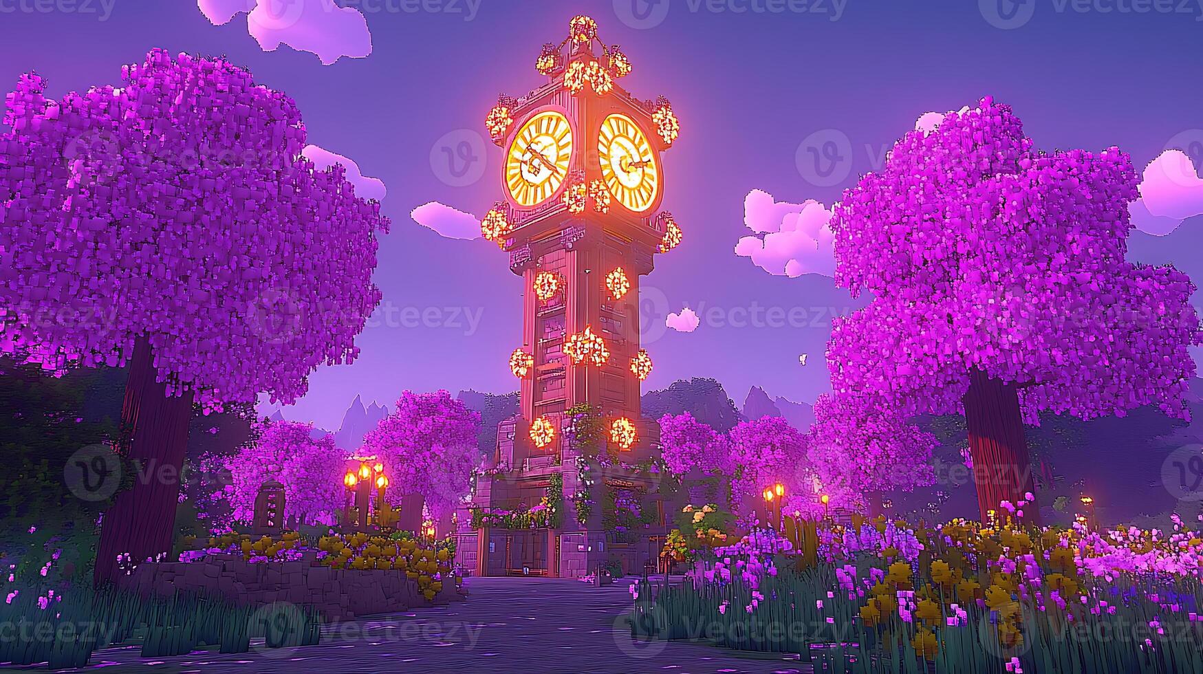 Enchanting Clock Tower Surrounded by Blooming Cherry Trees at Sunset photo
