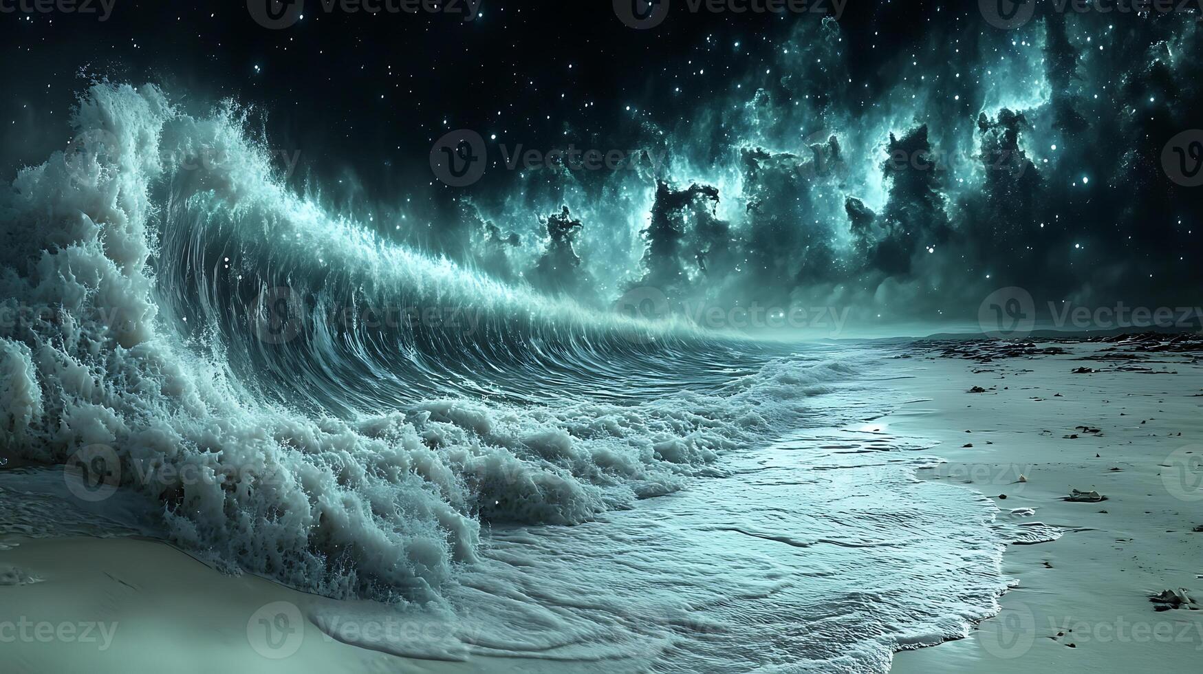 Majestic Ocean Wave Against a Starry Cosmic Sky photo