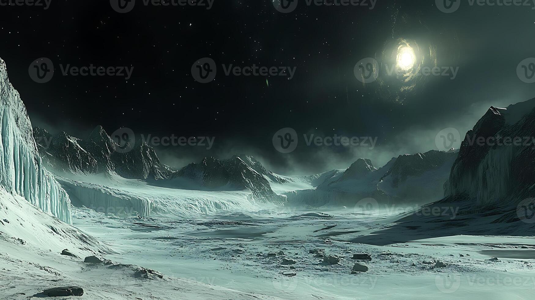 Frozen Alien Landscape Beneath a Galactic Night Sky and Distant Stars photo