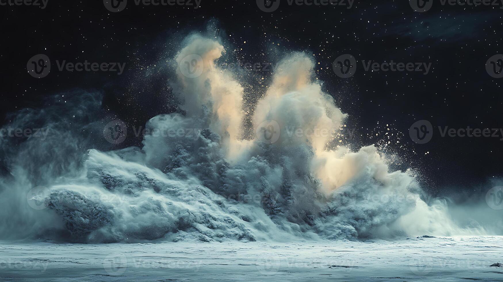Dynamic Midnight Ocean Wave Explosion Under Starry Sky photo