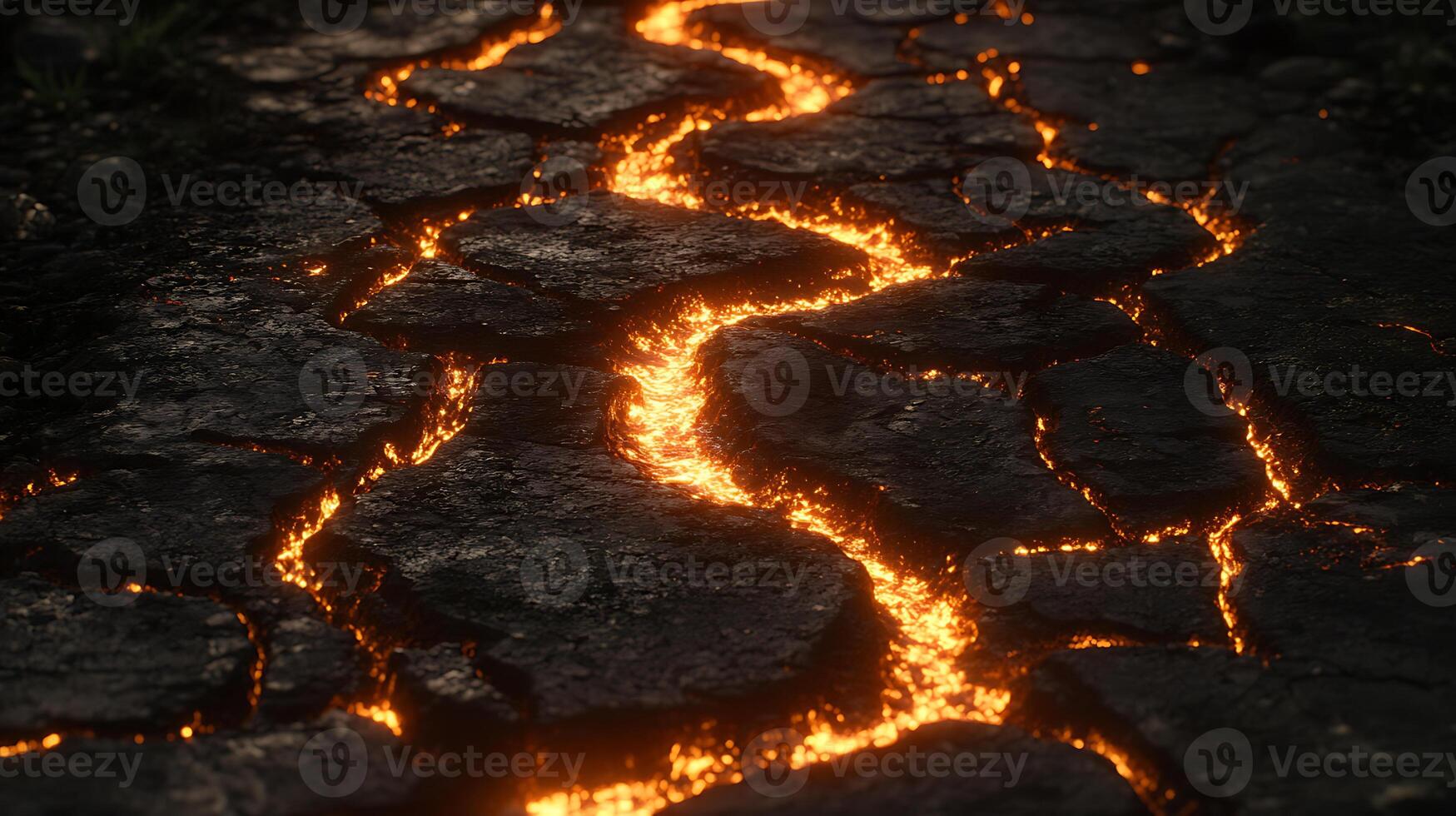 Close-Up of Lava Flowing Through Cracks in Volcanic Rock Surface photo