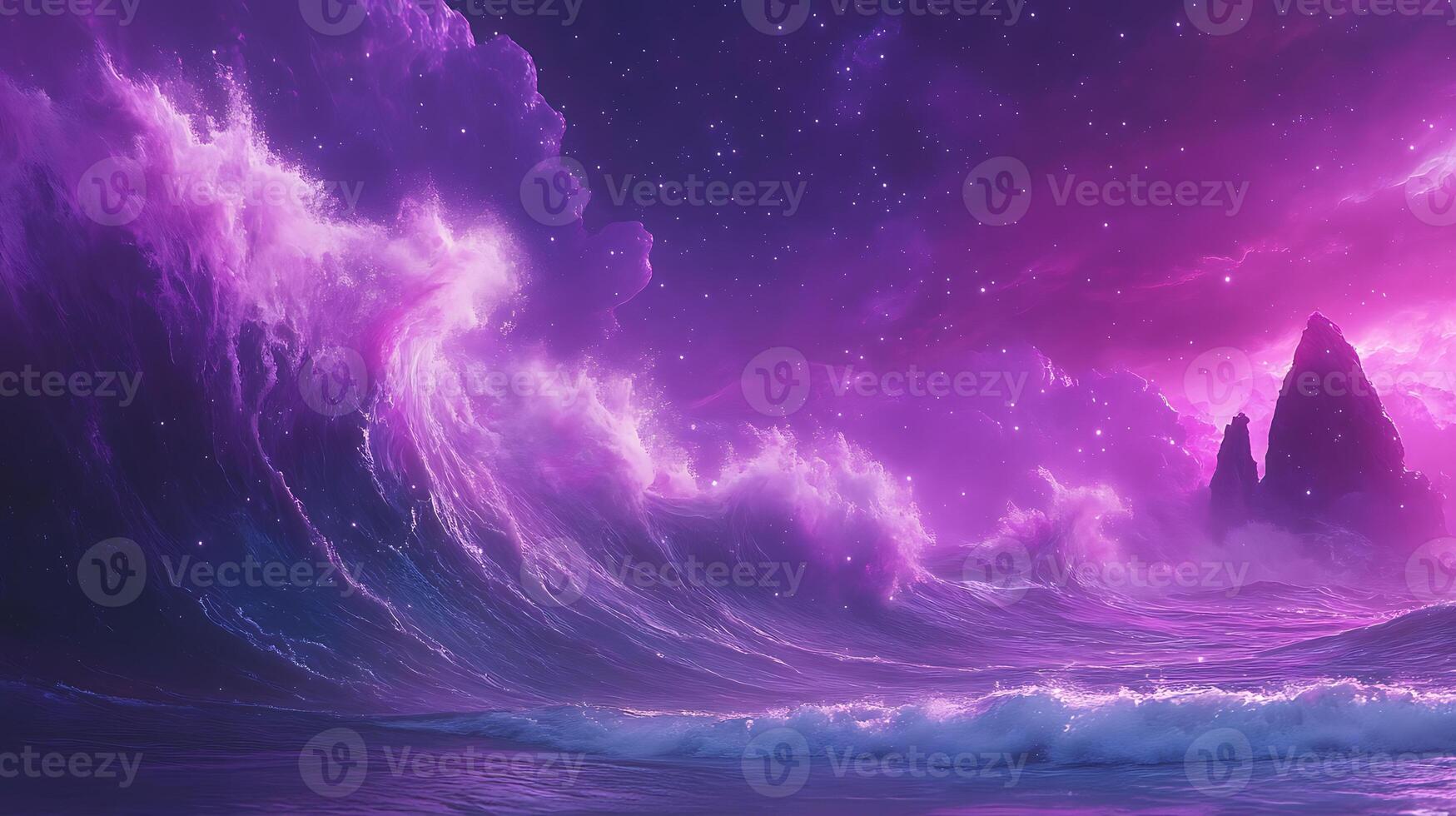 Majestic Purple Waves Under a Starlit Sky with Distant Rocky Peaks photo