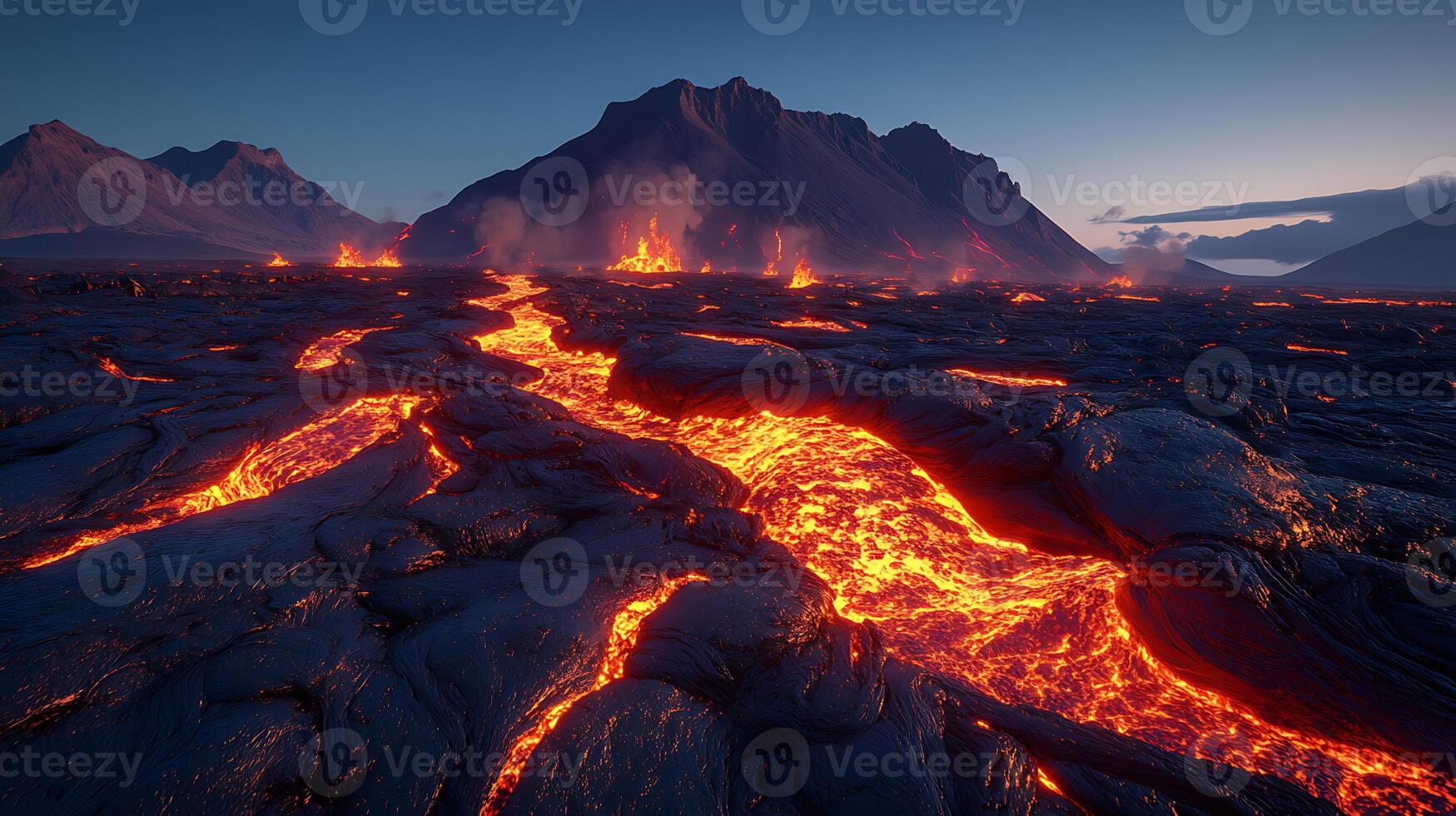 Dynamic Volcanic Landscape with Flowing Lava and Smoky Mountains photo