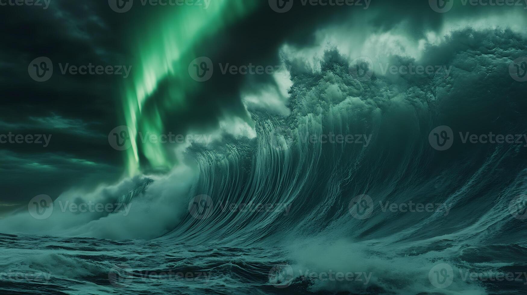 Majestic Ocean Waves Under Aurora Borealis in a Dramatic Night Sky photo