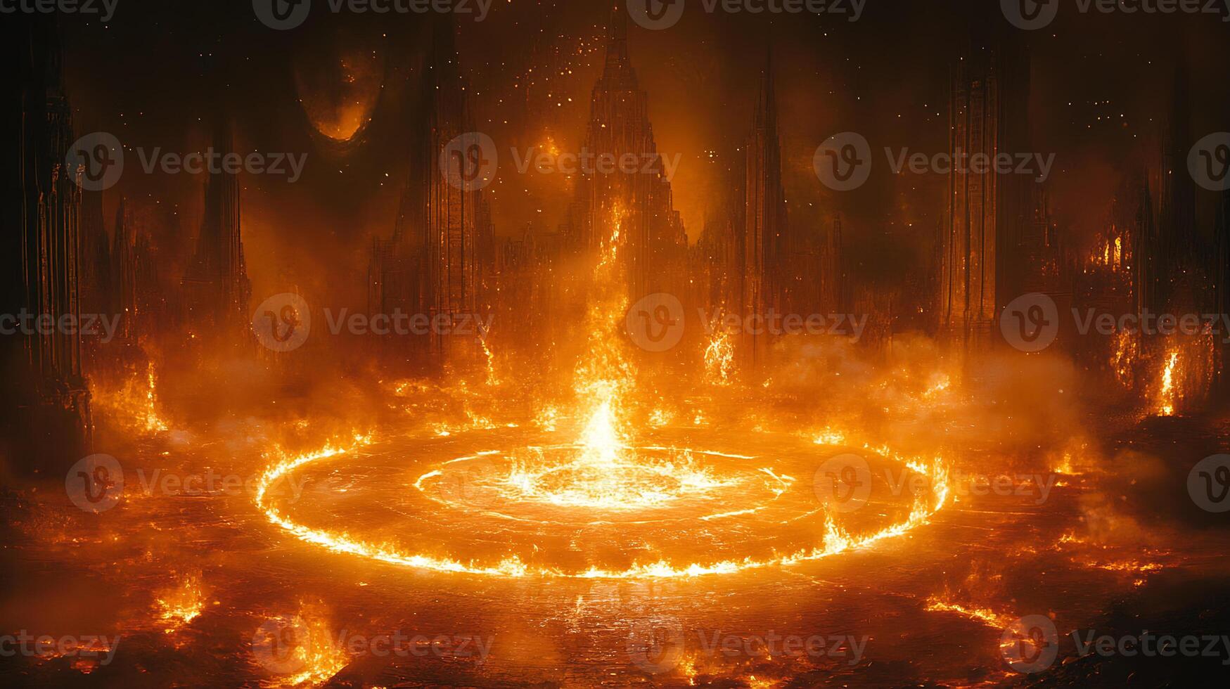 Majestic Fiery Citadel in a Mystical Landscape with Glowing Atmospheric Auras photo