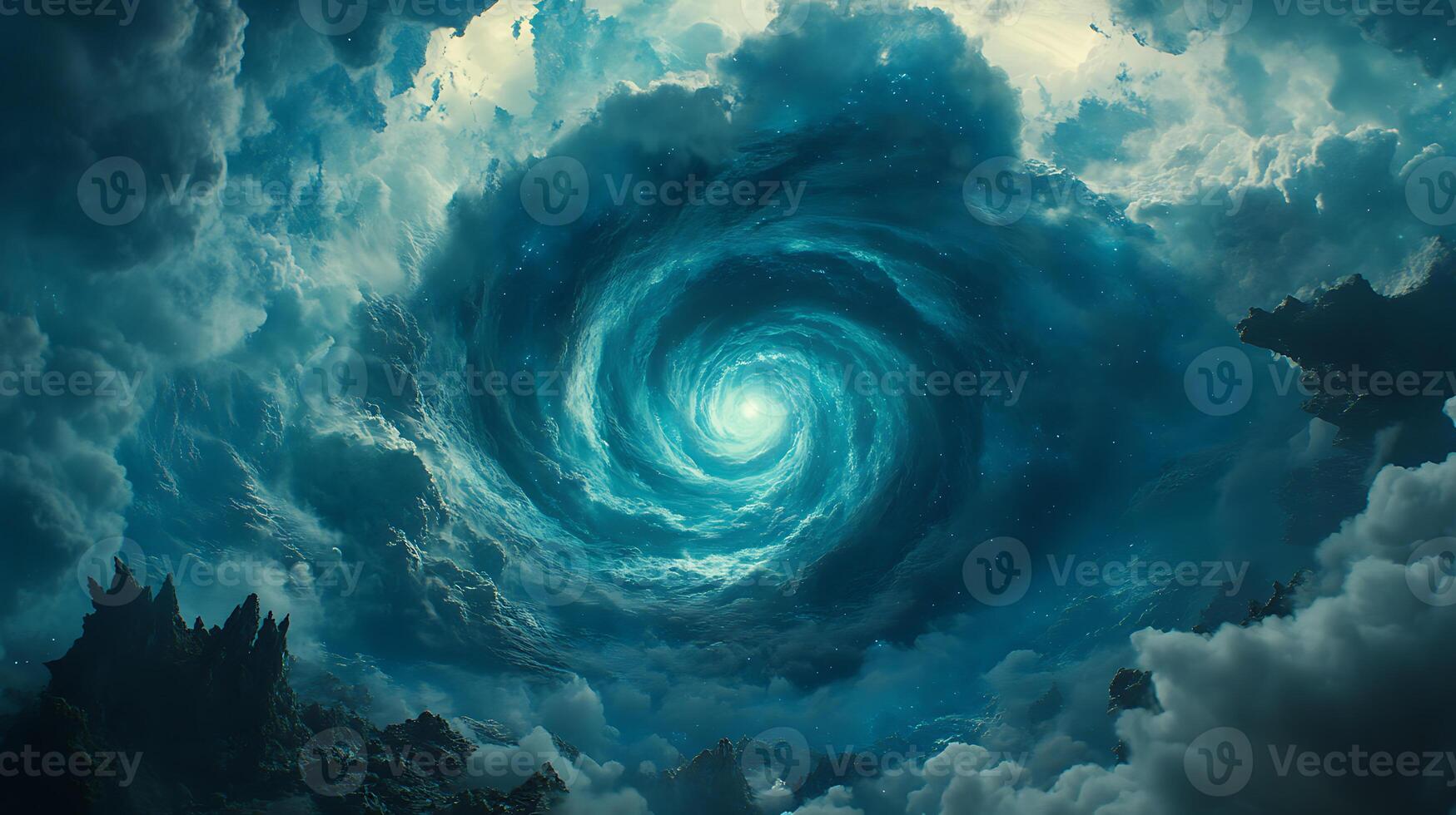Mystical Spiral Vortex Among Cloudy Night Skies and Dark Rocky Landscape photo