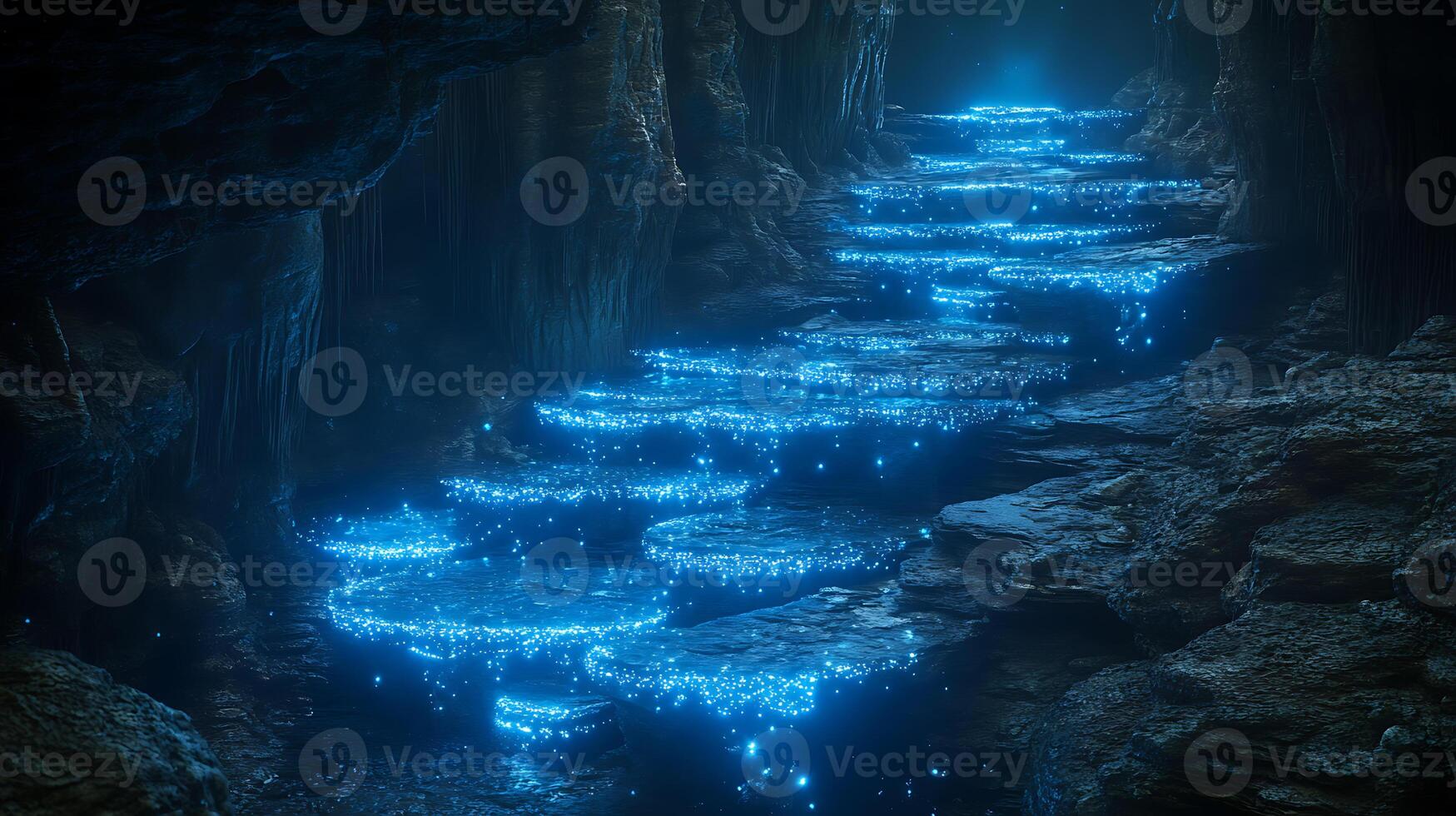 Mystical Underground Cave with a Glowing Pathway and Luminescent Water photo