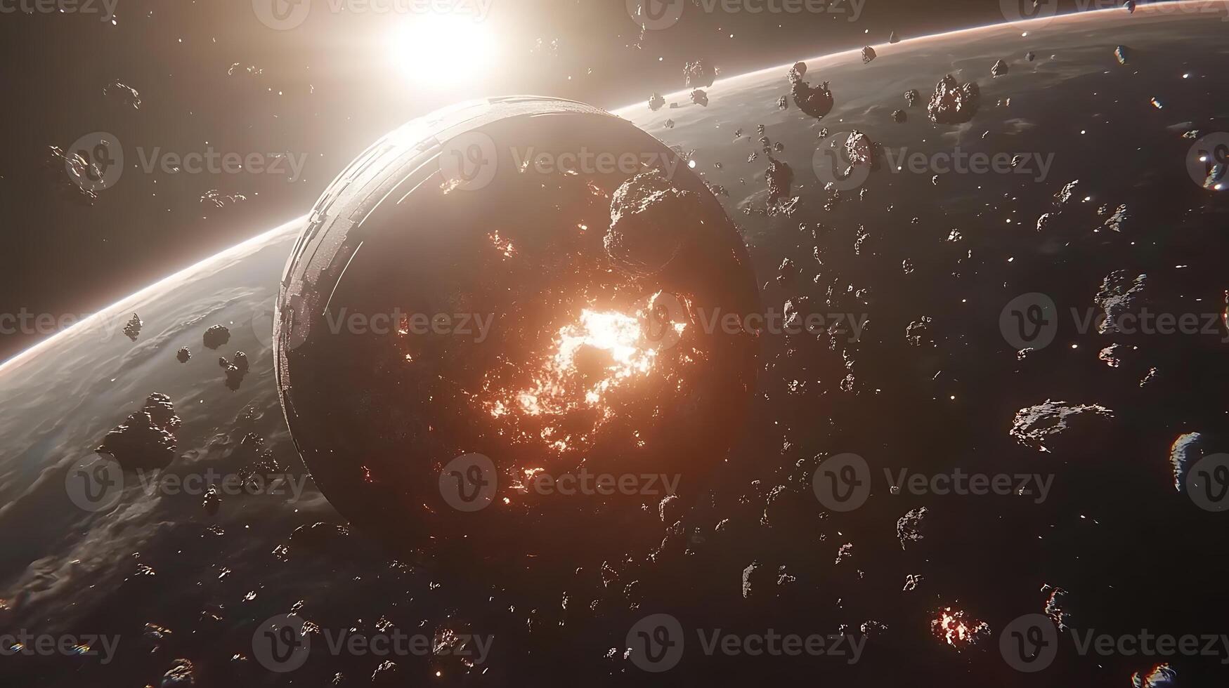 Massive Ancient Space Structure Among Floating Asteroid Debris Illuminated by Sunlight photo