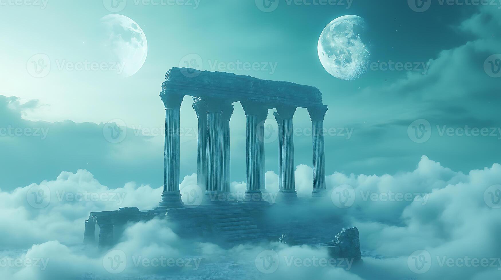 Ancient Temple Ruins Surrounded by Clouds Under a Dreamlike Night Sky photo