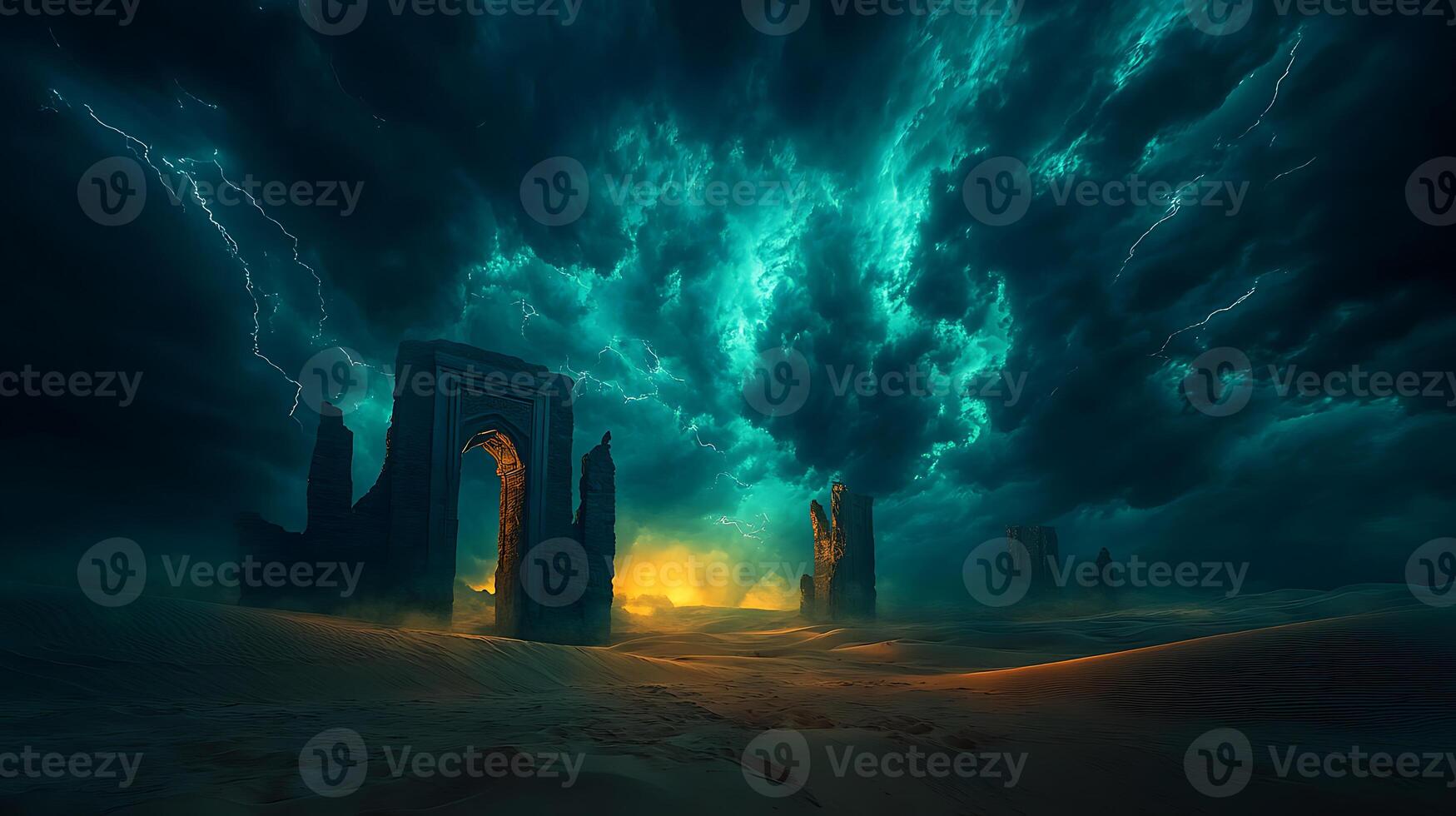 Surreal Desert Landscape with Majestic Sky and Ancient Ruins photo