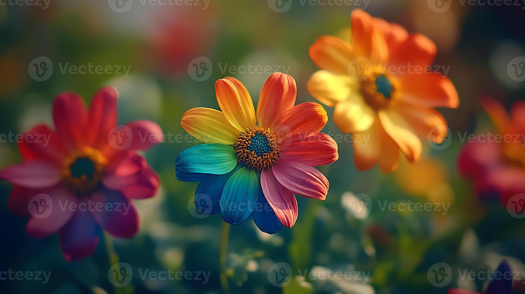 Vivid Flowers Featuring a Unique Rainbow-Colored Petal in a Sunlit Garden photo
