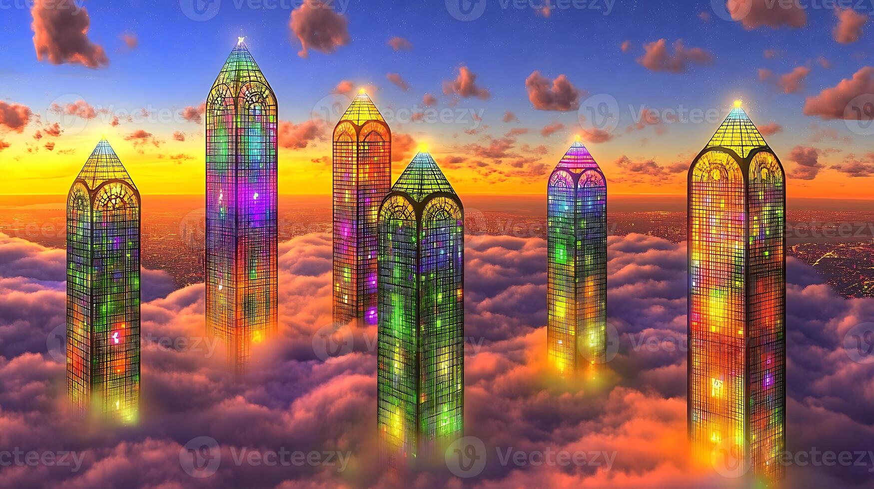 Colorful Glass Skyscrapers Above Clouds at Radiant Sunset photo