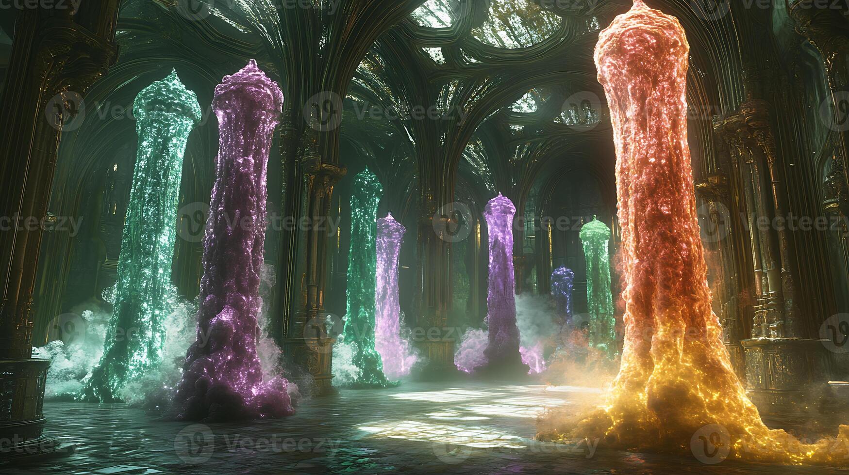 Majestic Interior With Vibrant Energy Pillars in Mystic Atmosphere photo