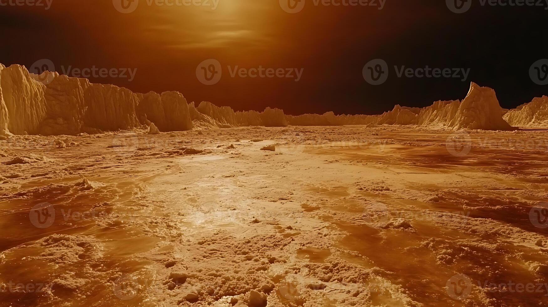 Spectacular Alien Landscape With Fiery-Hued Terrain and Towering Ice Formations photo