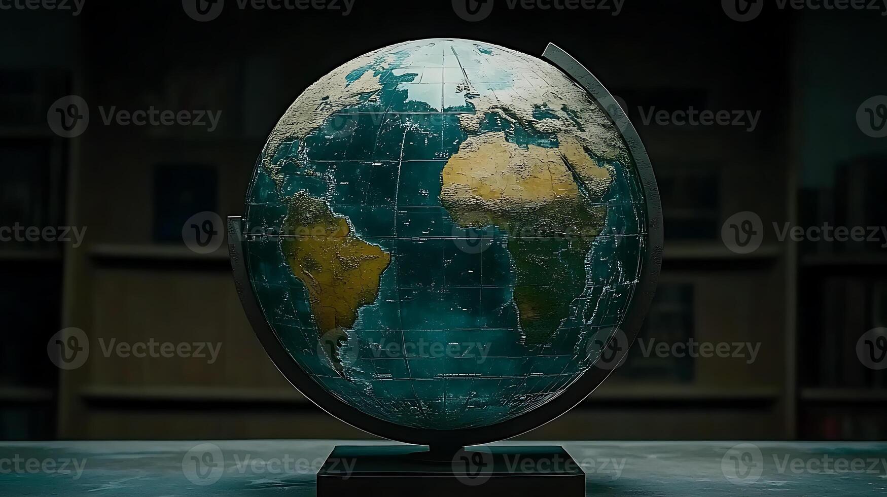 Vintage Earth Globe on Wooden Base in a Dimly Lit Study photo