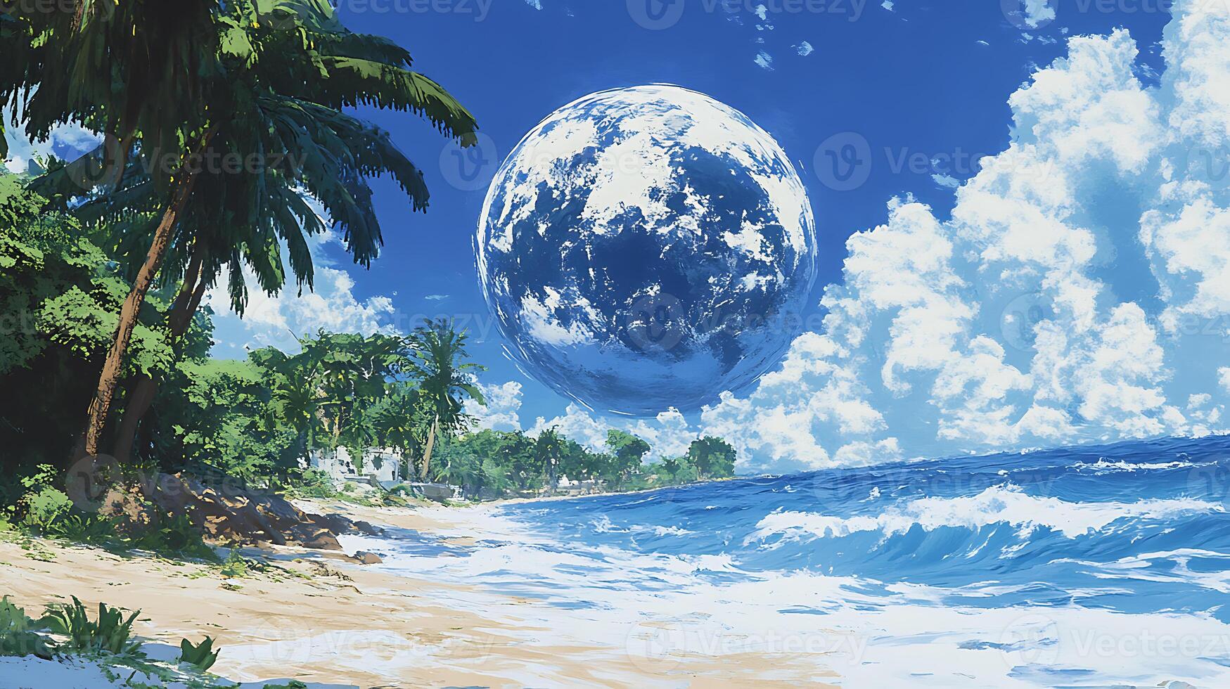 Futuristic Coastal Landscape With Giant Floating Orb and Lush Tropical Beach photo