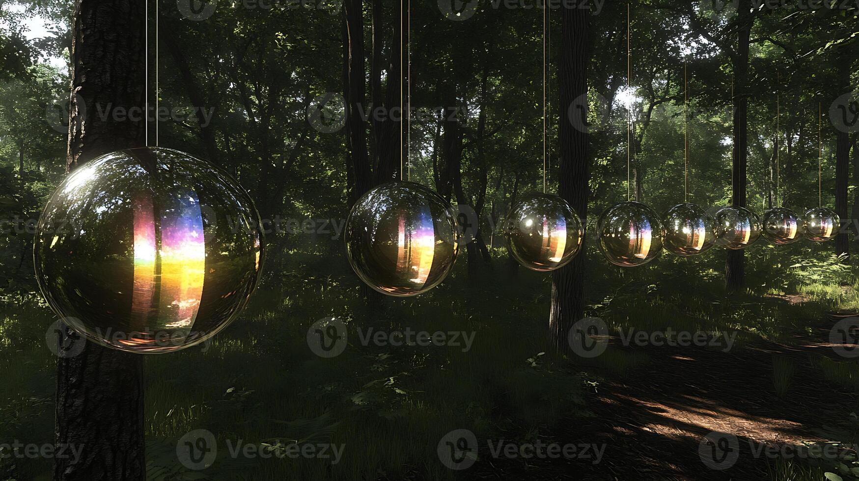 Golden Reflective Spheres Suspended in a Serene Forest Setting photo