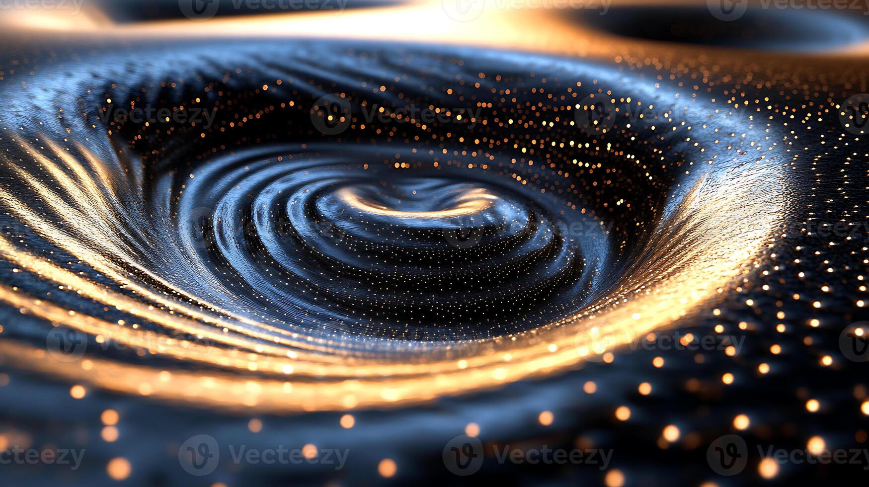 Abstract Golden Swirl With Dynamic Particle Elements in Blue and Black photo