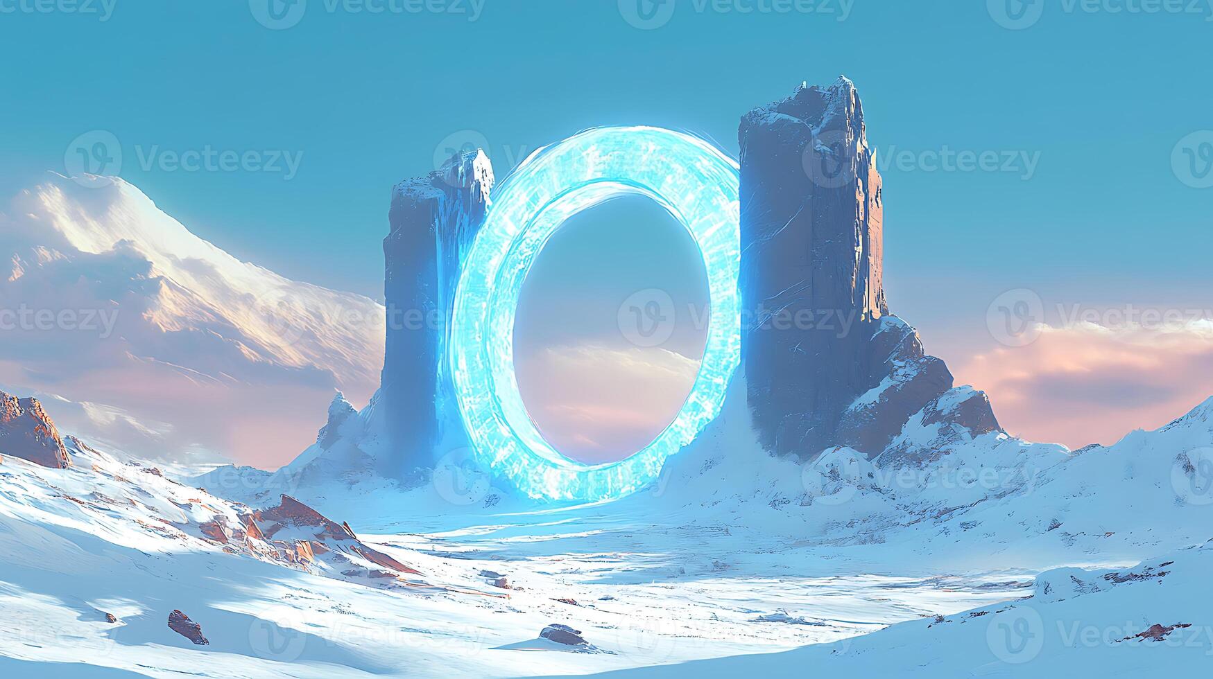 Surreal Snowy Landscape with a Mysterious Glowing Portal and Rocky Peaks photo
