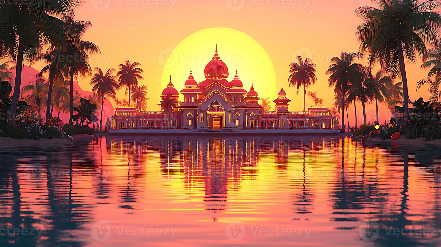 Sunset Reflection of a Majestic Palace Surrounded by Tropical Palms photo