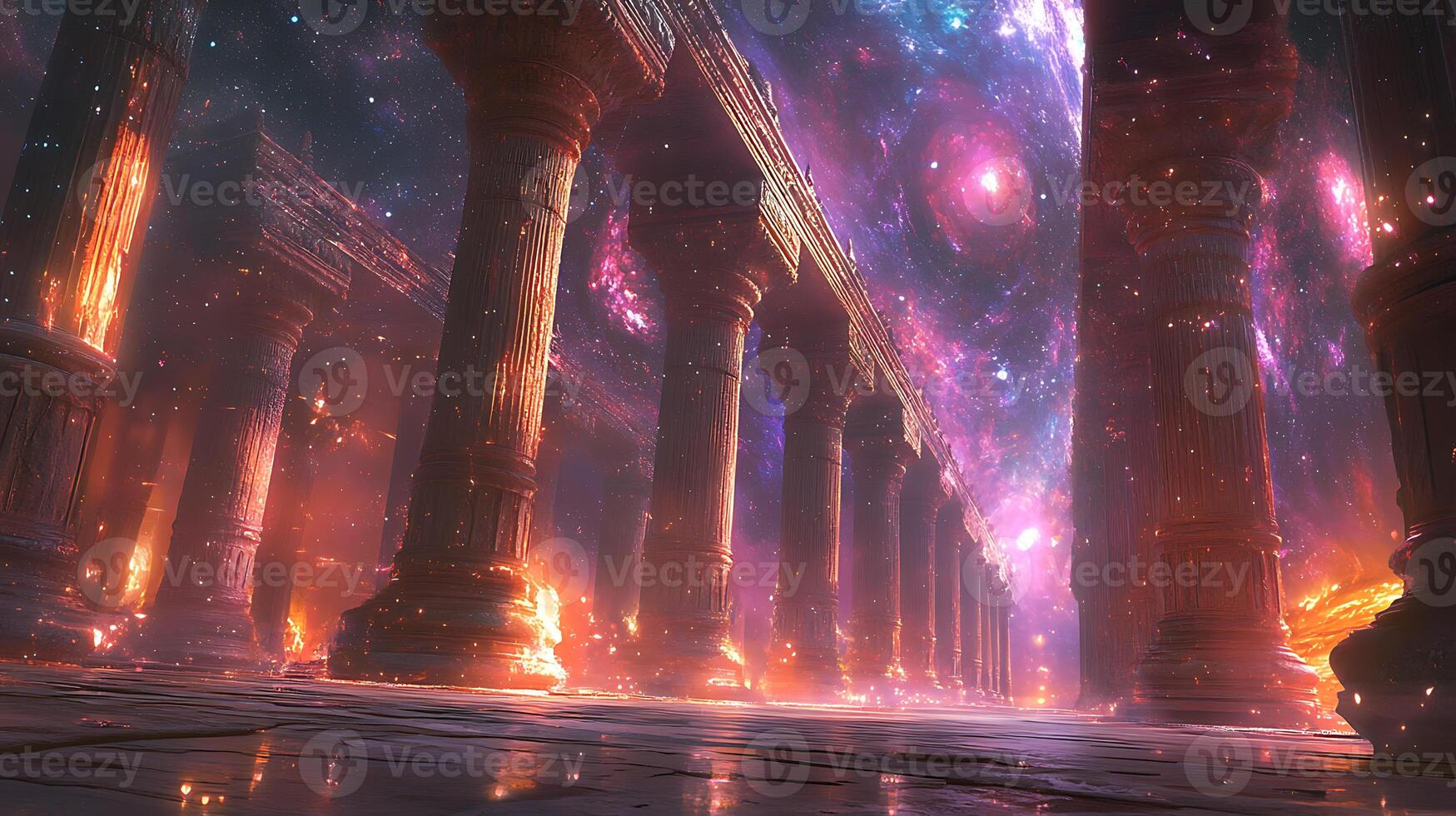 Majestic Celestial Hallway With Ancient Columns and Luminescent Interstellar Colors photo