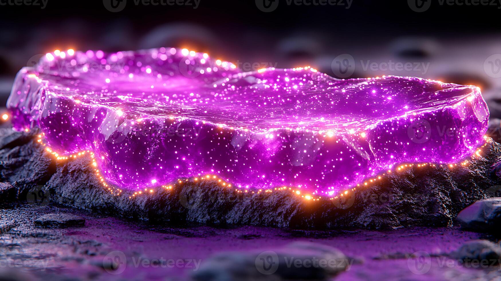 Glowing Purple Crystal Formation on Dark Surface With Sparkling Light Effects photo