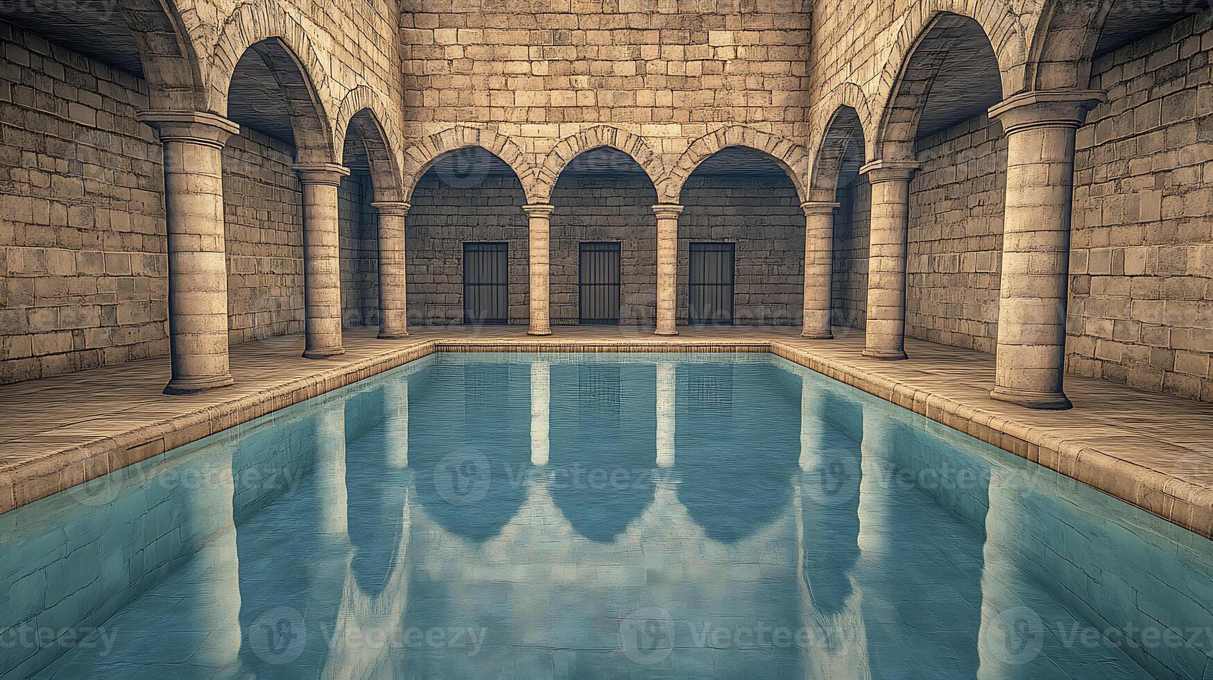 Ancient Stone Bathhouse with Arched Architecture and Reflective Pool Indoors photo