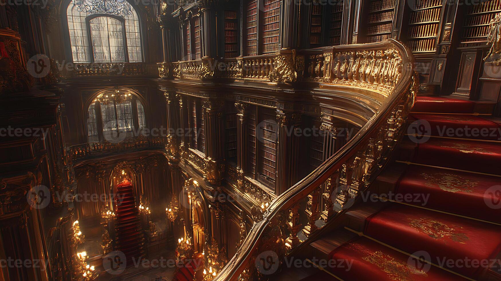 Luxurious Classical Library Interior with Golden Details and Red Carpets photo